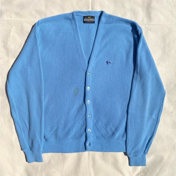 Sportswear Other - Vintage 60s 70s Crown Sportswear Men's Light Blue Turtle Patch Cardigan Sweater